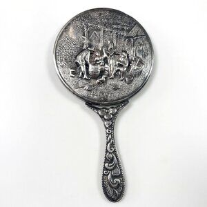 Vintage Hans Jensen Denmark Silver Plated Hand Mirror Repoussé Stamped Danish